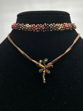 2 Bohemian Beaded Necklaces, Flowers, Dragonfly, Neutral Colors